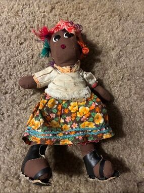 Handmade Brown Fabric Doll with Floral Dress